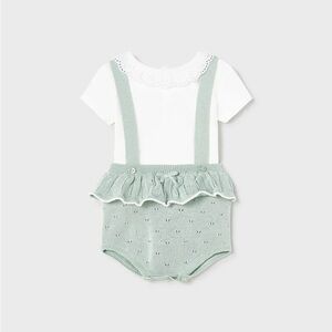Size 18 months Mayoral White and Mint Knit Ruffle Suspender Romper Set